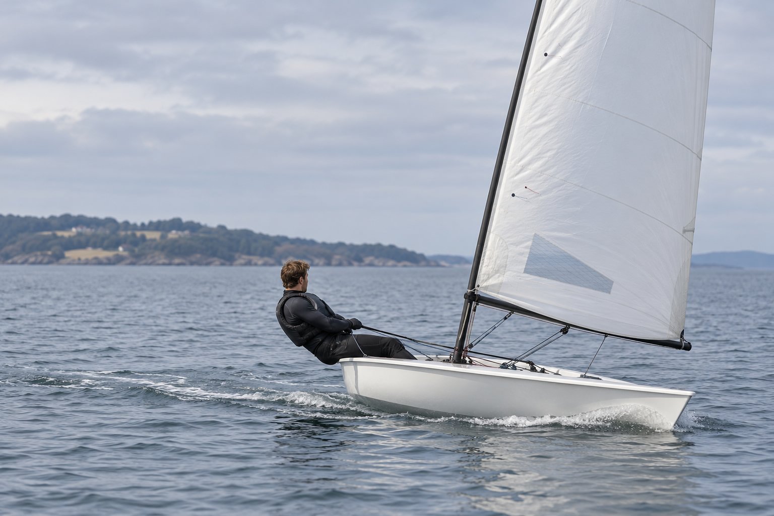 Homme en combinaison effleurant l’eau sur un dériveur léger avec voile blanche en navigation.